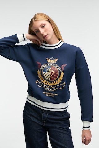 Grımelange VALLUNE Kadın Kontrast Triko Etek Ucu Manşet Ve Yakalı Nakış Crop Lacivert Sweatshirt