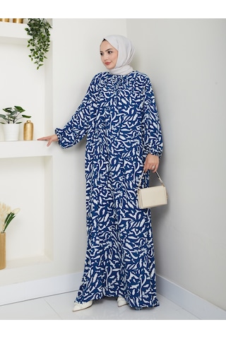 Desenli Önü Büzgülü Viskon Elbise - Mavi / E0131 Mavi