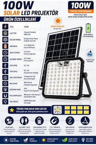 100w Solar Led Projektör Usb Powerbank Özellikli Şarjlı Kamp Lambası Ip65 Su Geçirmez Bahçe Ve Acil