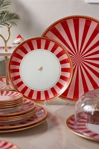 34 Parça Lovely Bird Altın Yaldızlı Cam Pasta Çay Servis Takımı - Çeyiz Takımı Servis Seti Pembe