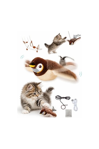 Mucit Home Usb Şarjlı Uçan Kuş Kedi Oyuncağı Sesli & Hareketli Peluş Kedi Oyuncağı Kutulu