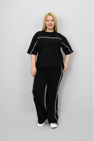 Kadın Büyük Beden Kısa Kollu Ara Biye Detaylı Bol Paça Eşofman Takımı 8189-25 Siyah