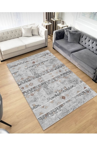 Gri Dijital Baskı Salon Halısı Kaymaz Tabanlı Yıkanabilir Halı Yolluk 533 Gri