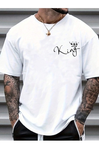 King Logo T-shirt - Beyaz Baskılı Oversize Bisiklet Yaka Kısa Kol Tişört Beyaz