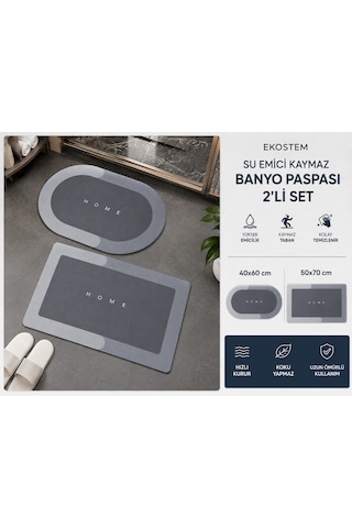 Ekostem 2'li Su Emici Kaymaz Banyo Paspası Seti 40x60 + 50x70 Cm Yıkanabilir Gri