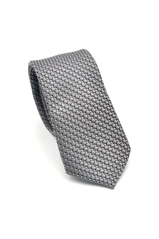 Beyaz Küçük Kare Desenli Gri Dokuma Kumaş Mendilli Slim Fit Kravat // Sdk-2511-4 Gri