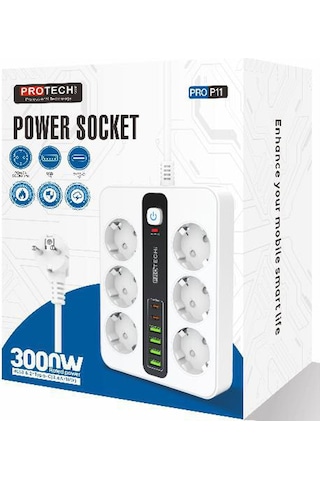 3000w Akım Korumalı 4 Usb'li Ve 2 Type-c Li 6'lı Grup Priz 2 M Uzatma Kablosu Beyaz 2 M