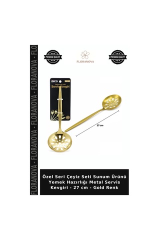 Özel Seri Çeyiz Seti Sunum Ürünü Yemek Hazırlığı Metal Servis Kevgiri - 27 Cm - Gold Renk Çok Renkli