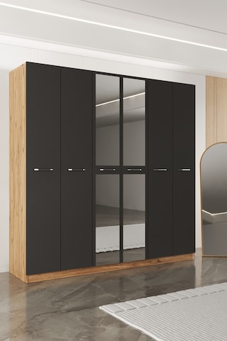 Aeka Ae-2191 Hisar Aynalı 6 Kapaklı Çok Bölmeli Askılı Ve Raflı Geniş Hacimli Gardırop 210x210 Cm Atlantik Çam - Antrasit
