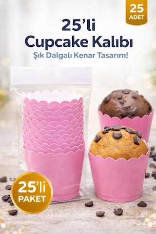 Cupcake Kalıbı & Kek Kapsülü & Muffin Kek Kalıbı & 25 Adet - Pembe Kek Kalıbı Pembe