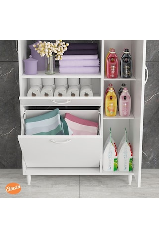 Sepetli Ve Kapaklı Dolaplı Banyo Dolabı Beyaz