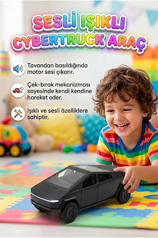 Sesli Ve Işıklı Cybertruck Oyuncak Araç - Çek Bırak Metalik Gri Konsept Oyuncak Araba