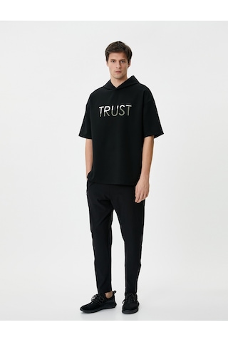 Koton Sweatshirt Eşofman Üstü Baskılı Kapüşonlu Kısa Kollu Siyah 4wam70056nk Siyah