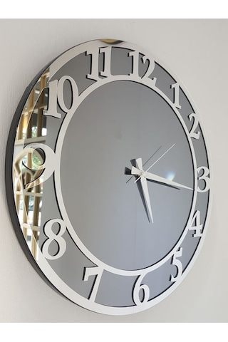 Ayna Denizi Silver Matris Smoked Model Gümüş Füme Renk 50 CM Dekoratif Aynalı Duvar Saati Gümüş