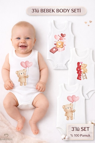 Babyden's 3 Lü Bebek Body Seti %100 Pamuk Ayıcık Desenli Unisex Bebek Body Kolsuz Çıtçıtlı Zıbın Beyaz