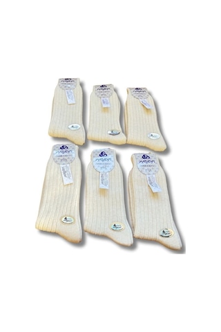 Erkek Saf Yün Kışlık Orta Kalınlıkta Dikişsiz 6 Çift Kendinden Çizgili Çorap Krem Boyasız Krem