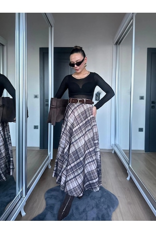 Keymoda Kadın Ekoseli Kemerli Etek Kahve Bej Kahverengi