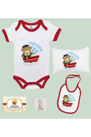 BK Kids Kişiye Özel İsimli 5 Parça Kırmızı Bebek Body Zıbın Yastı