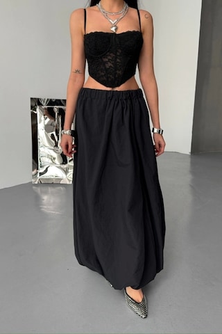 Bel Lastikli Balon Etek Şanel Boy Soft Kumaş - Siyah Siyah