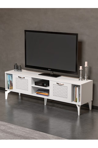 Tv Sehpası 160 Cm Modern Çok Amaçlı Dolaplı Raflı Televizyon Ünitesi Linya Gümüş Beyaz