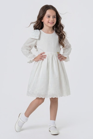 Pina Kids Kız Çocuk Omzu Fiyonk Detaylı Uzun Kollu Fisto Elbise Beyaz