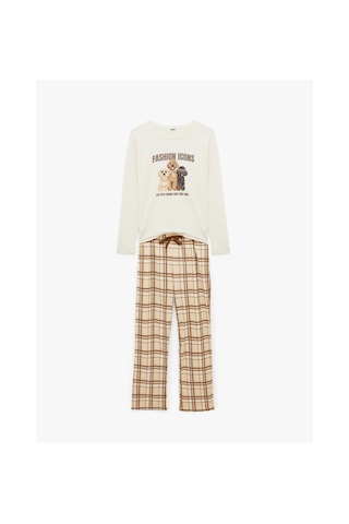 Koton Bisiklet Yaka Baskılı Uzun Kollu 2'li Pijama Takımı Ekru 7wlk40188mk
