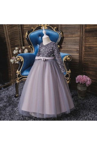 Mashotrend Gri Zara Payetli Çocuk Abiye - Kız Çocuk Elbise Gri