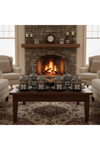 Yonca Desenli 6 Kişilik Porselenli Kapaklı 24 Parça Kalay Renk Fincan Seti Gri