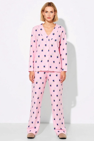 Benerly Kadın Gömlek Yaka Uzun Kol Regular Kalıp Dokuma Pijama Takımı Fon Pembe