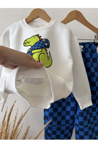 Magu Çocuk Pamuklu Dinozor Baskılı Sweatshirt Ve Mavi Dama Eşofman Takımı Çok Renkli