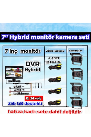 4 Adet Şapkalı Metal Kasa Ledli Kamera 7 İnç Hybrid 256 Gb Destekli Dvr Monitör - 12 24 Volt