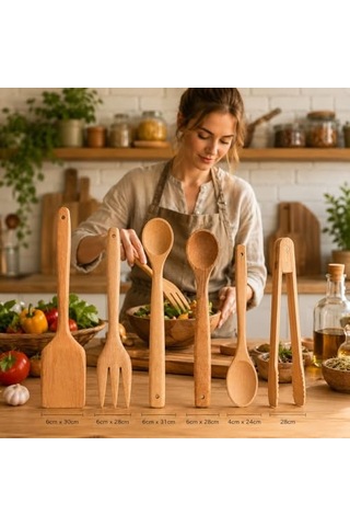 6 Parça Mutfak Spatula Ve Kaşık Seti Doğal Ahşap Çizilmez Yapışmaz Tencereye Uyumlu Kaşıklık Hediyeli