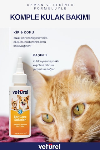 Veturel Kedi Kulak Temizleme Solüsyonu Kir Kaşıntı Koku Bakım 100 ML