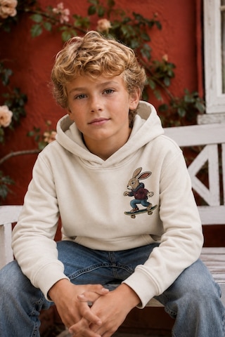 Esila Kids Erkek Çocuk Kapüşonlu Baskılı Sweatshirt Kanguru Cepli Günlük Hoodie Ekru