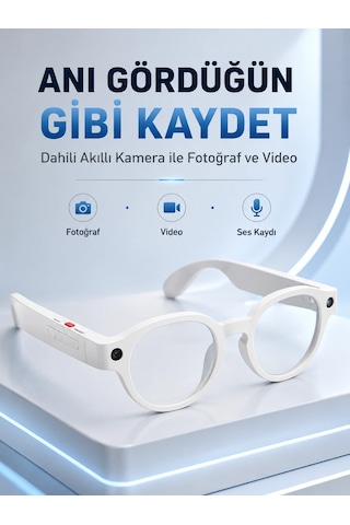 Beyaz Bluetooth Akıllı Gözlük Dahili Kameralı Fotoğraf Video Kayıt Yapay Zeka Çeviri Dokunmatik Kontrol Özellik