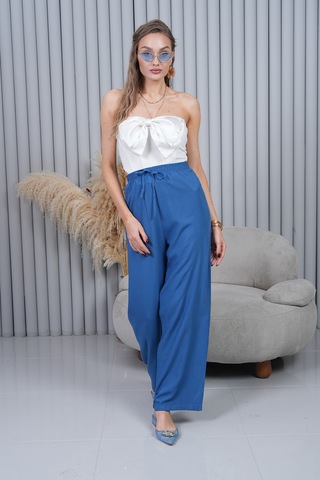 Polologin Butik Beli Bağcıklı Yüksek Bel Bol Paça Mavi Pantolon Kapalı Mavi
