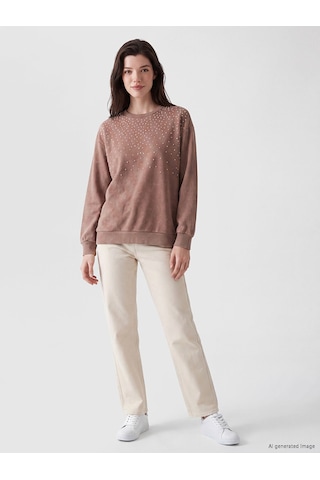 Lcw Comfort Kahverengi Bisiklet Yaka Taşlı Kadın Sweatshirt