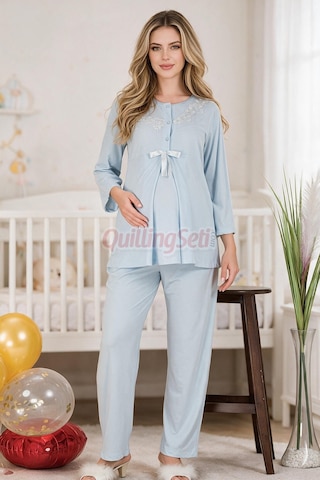 Quilling Lady Bebe Mavi Renkli, Dantel Detaylı 33209 Uzun Kol, 2 Parça Lohusa Hamile Pijama Takımı Açık Mavi M - L