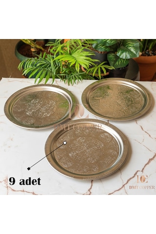 430 Kalite Krom Çelik 9 Adet Tepsi 24 Cm Fırına Uygun, Osmanlı Motifli, Kebap & Restoran Sunum Tepsisi Gri