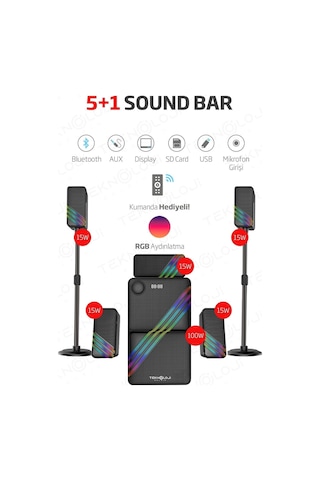 Hp-tv03 5+1 Soundbar Ev Sinema Sistemi Stereo Hd Ses Rgb Kablolu 100 Watt Amfi 15wx5 Soundbar