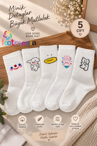 Footmania Kadın Sevimli Desenler 5 Çift Kolej Çorap Seti Beyaz