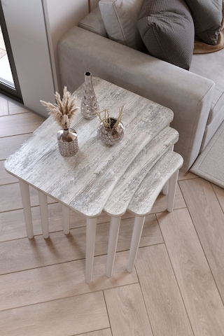 Zuesse Dizayn Beyza 3lü Zigon Sehpa & Yan Sehpa Beyaz Ahşap Ayaklı Salon Seti Çay Sehpası - Kristal