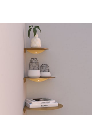 Oval Metal 3'lü Duvar Köşe Rafı Modern Dekoratif Raf Seti Gold