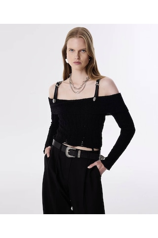 Twist Suni Deri Kemer Askılı Triko Siyah Kadın Kazak Tw6250050192 Siyah
