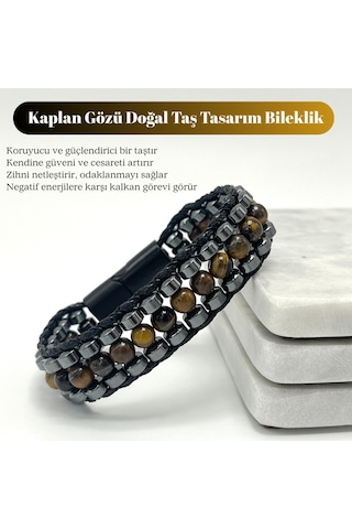 Sertifikalı Kaplan Gözü Taşı Erkek Bileklik Çelik Kilitli, Doğal Taş Tasarım, Şık Ve Özgün Kahverengi