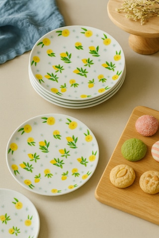 Grandora Limon Desenli 6'lı Pasta Sunum Tabağı 20 Cm Minimal & Şık Sofra Ürünü Pasta Ve Tatlı Tabağı Sarı