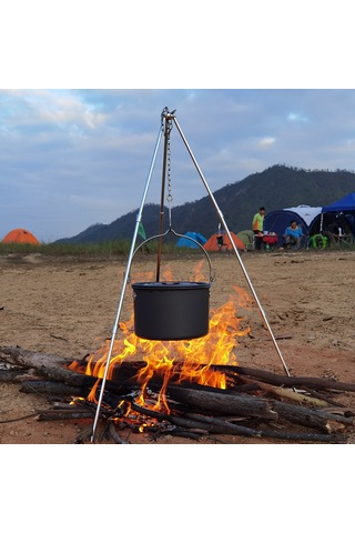 Neevoyu Kampanyalı Katlanır Alüminyum Kamp Ocağı Askılığı - Zincirli Ayarlanabilir Yükseklik Gümüş
