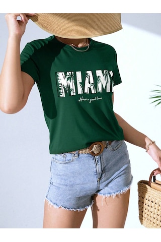 Miami T-shirt - Nefti Yeşil Baskılı Oversize Bisiklet Yaka Kısa Kol Tişört Nefti Yeşil