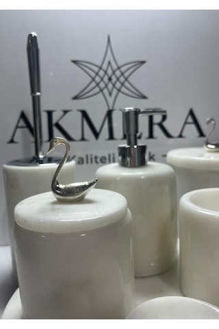 Mermer Top Ayaklı Standlı 7 Parça Lüks Banyo Seti Beyaz - Krom
