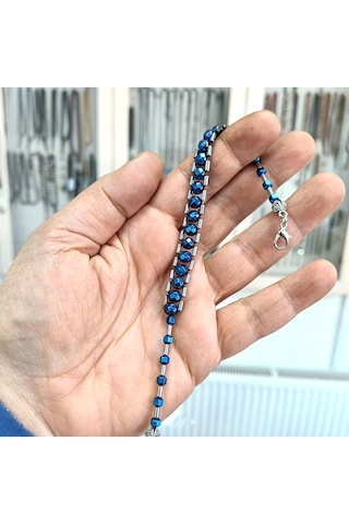Oltutaşımarket Fasetalı Küre Kesim Mavi Ve Gümüş Renk Hematit Taşı Zaza Tesbih Bileklik 22 Cm
